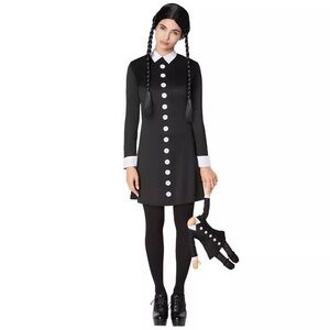Black Long-Sleeve Button Front Shift Dress with White Collar